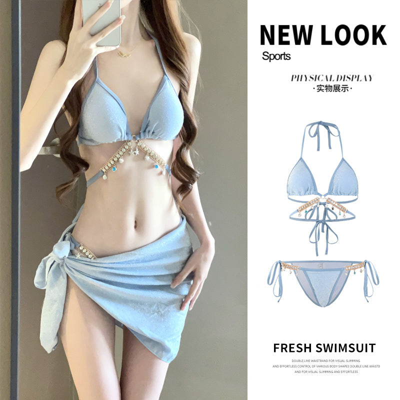 Biquíni Feminino 3 Peças com Saída de Praia e Detalhe em Corrente – Moda Praia Premium