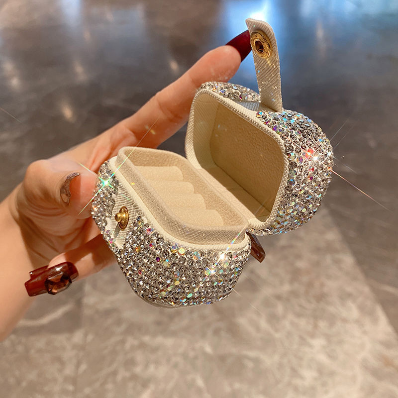 Mini Porta-Joias Luxuoso com Cristais – Estojo Compacto para Anéis e Brincos