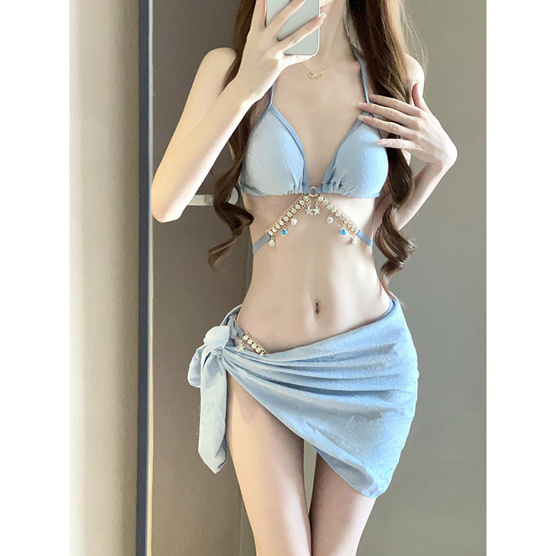 Biquíni Feminino 3 Peças com Saída de Praia e Detalhe em Corrente – Moda Praia Premium
