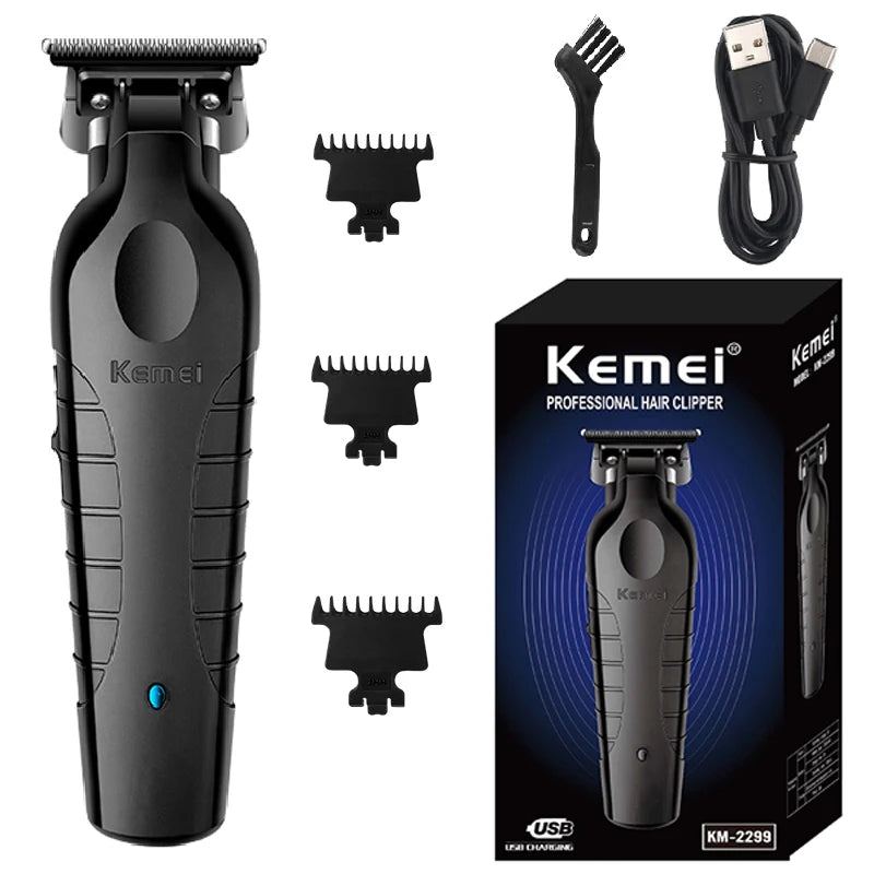 Kemei 2299 Máquina de Acabamento Profissional Sem Fio Zero Gap Recarregável | Lâmina em Aço Carbono | Barba, Contornos e Acabamentos