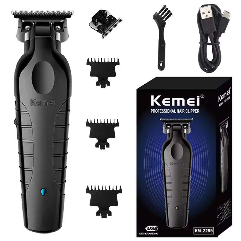 Kemei 2299 Máquina de Acabamento Profissional Sem Fio Zero Gap Recarregável | Lâmina em Aço Carbono | Barba, Contornos e Acabamentos
