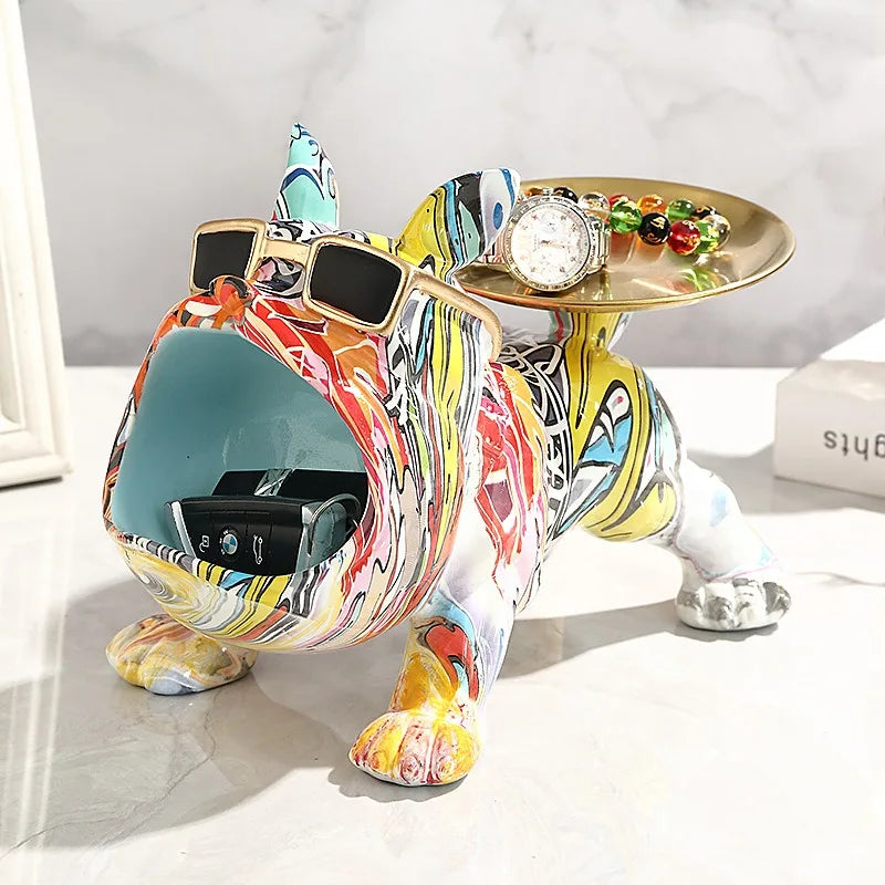 Escultura Decorativa Bulldog Francês Luxo com Bandeja – Organizador para Hall, Sala e Escritório