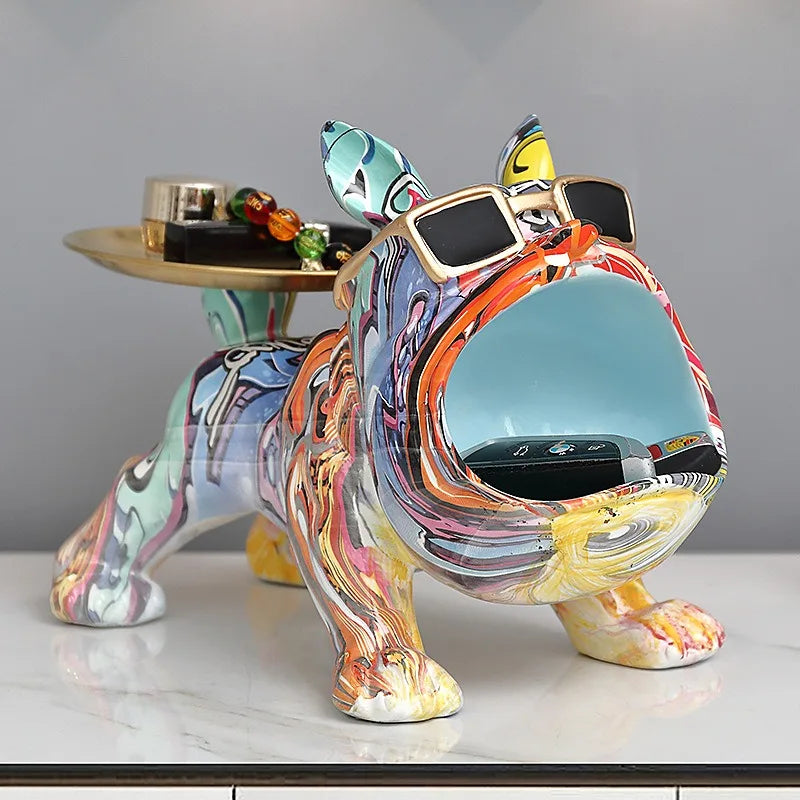 Escultura Decorativa Bulldog Francês Luxo com Bandeja – Organizador para Hall, Sala e Escritório