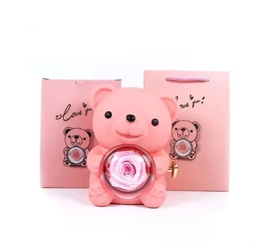 Caixa de Presente Urso com Rosa Giratória e Compartimento para Colar | Presente Romântico
