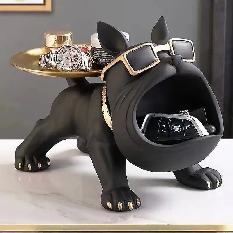 Escultura Decorativa Bulldog Francês Luxo com Bandeja – Organizador para Hall, Sala e Escritório