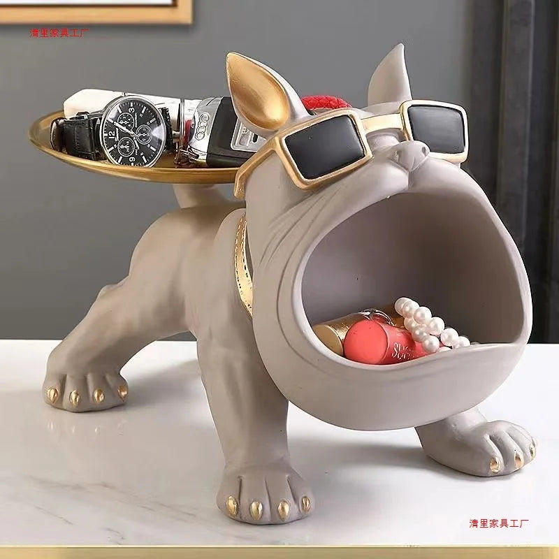 Escultura Decorativa Bulldog Francês Luxo com Bandeja – Organizador para Hall, Sala e Escritório