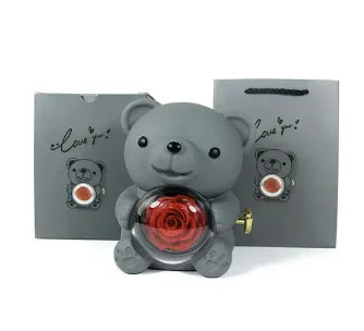 Caixa de Presente Urso com Rosa Giratória e Compartimento para Colar | Presente Romântico