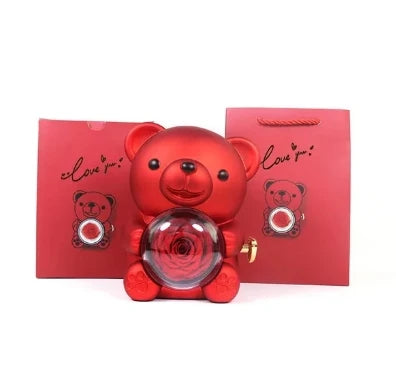 Caixa de Presente Urso com Rosa Giratória e Compartimento para Colar | Presente Romântico