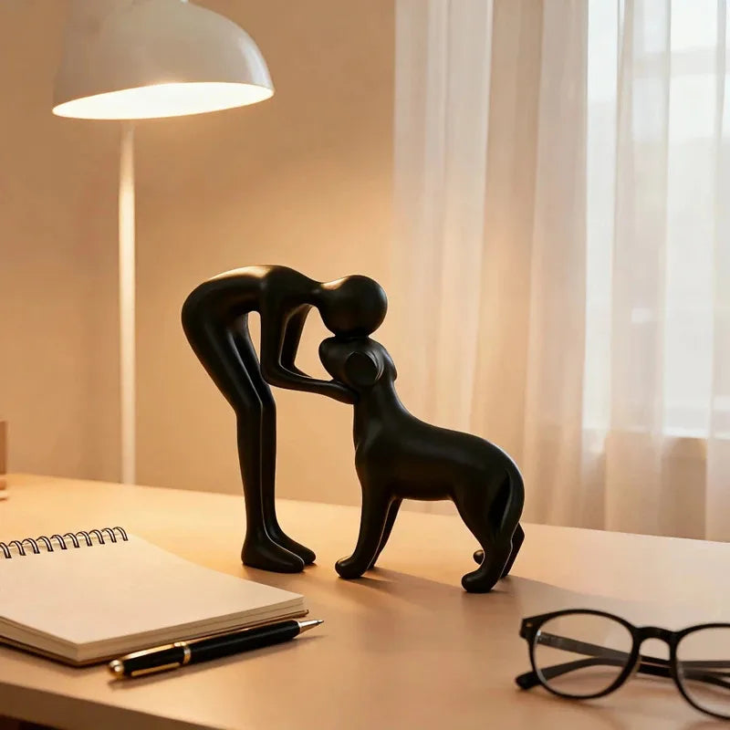 Escultura Minimalista Homem & Cão em Resina | Decoração Moderna e Elegante para Sala