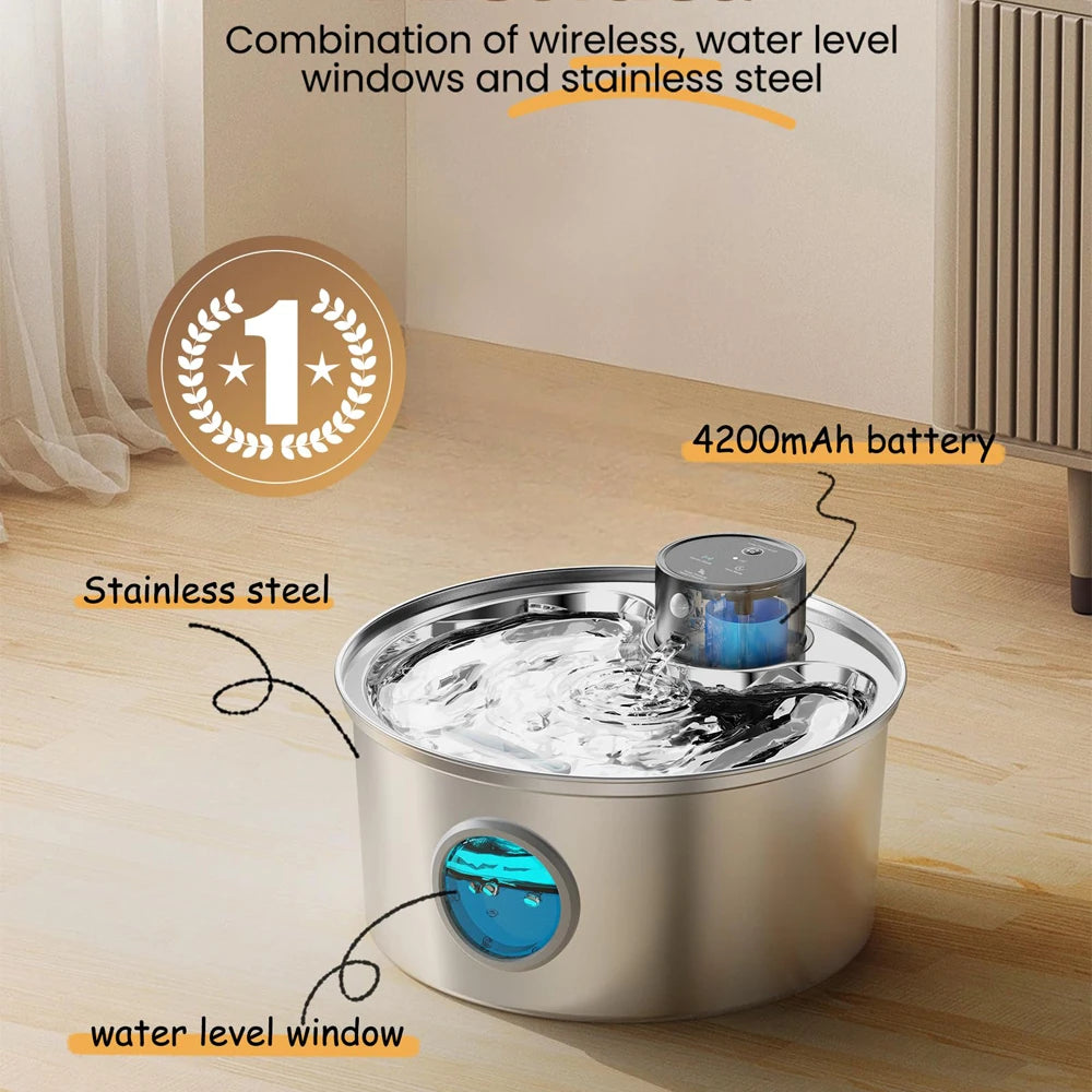 Fonte de Água Automática Sem Fios para Gatos em Aço Inoxidável | Sensor Inteligente | Recarregável USB | Ultra Silenciosa