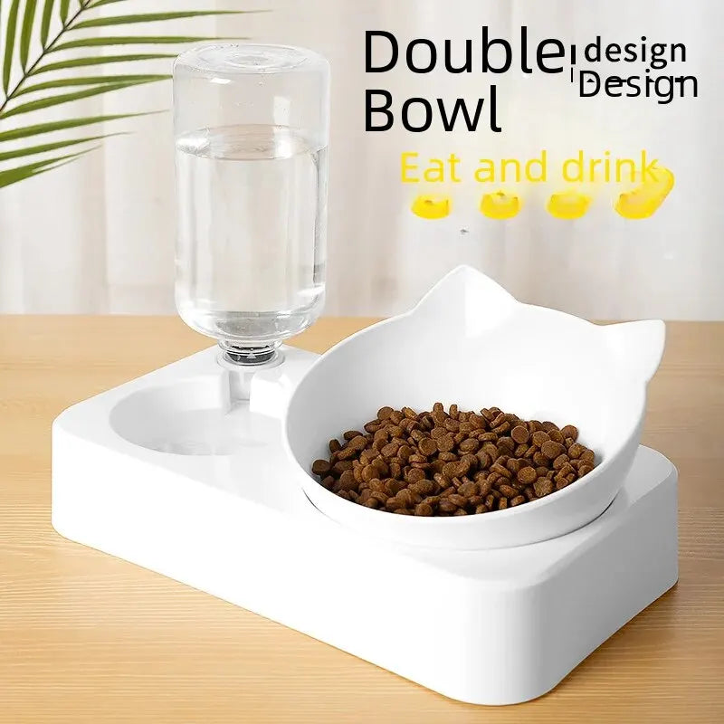 Comedouro Duplo para Cães e Gatos com Garrafa de Água Automática – Tigela Anti-Derramamento, Alimentador 2 em 1