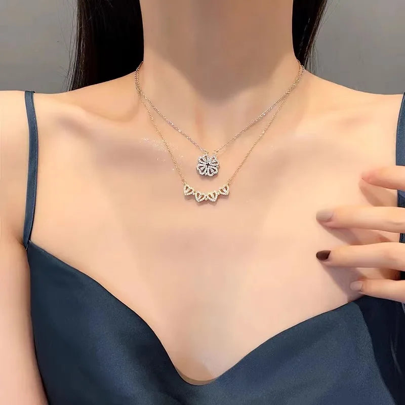NOVORA Lucky Heart™ | Four-Leaf Clover Necklace with Zircon Accents – A Symbol of Love, Luck & Elegance