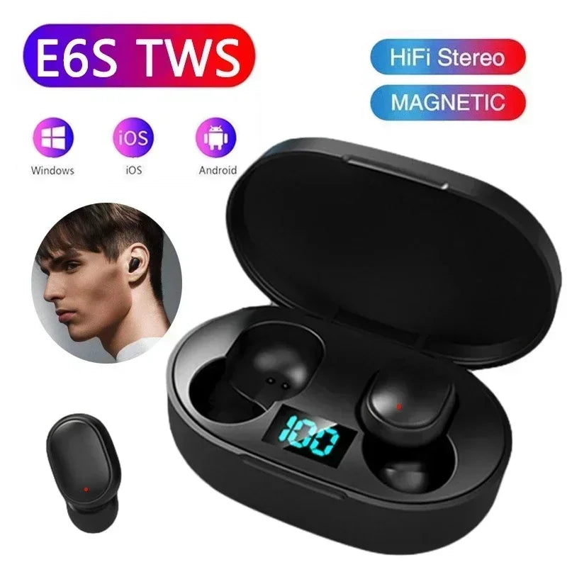 Auriculares Bluetooth E6S TWS Sem Fios – Bluetooth 5.0, Estojo de Carregamento, Microfone HD e Som Estéreo