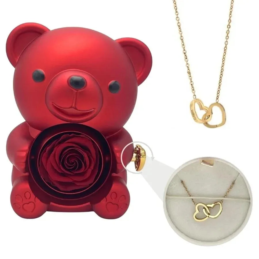 Caixa de Presente Urso com Rosa Giratória e Compartimento para Colar | Presente Romântico