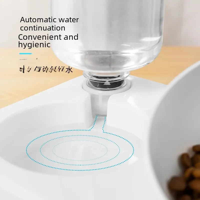 Comedouro Duplo para Cães e Gatos com Garrafa de Água Automática – Tigela Anti-Derramamento, Alimentador 2 em 1