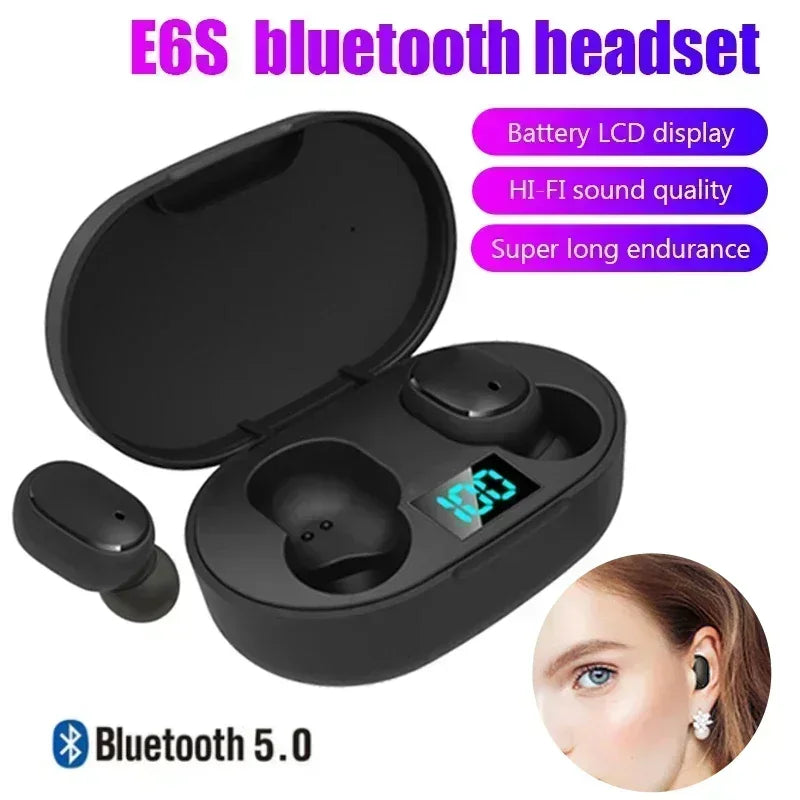 Auriculares Bluetooth E6S TWS Sem Fios – Bluetooth 5.0, Estojo de Carregamento, Microfone HD e Som Estéreo