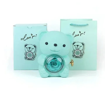 Caixa de Presente Urso com Rosa Giratória e Compartimento para Colar | Presente Romântico