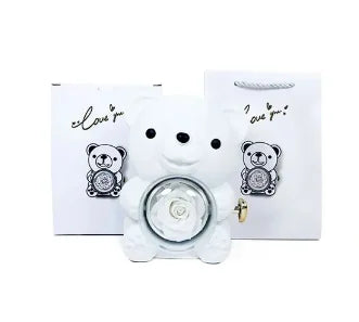 Caixa de Presente Urso com Rosa Giratória e Compartimento para Colar | Presente Romântico