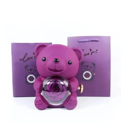 Caixa de Presente Urso com Rosa Giratória e Compartimento para Colar | Presente Romântico