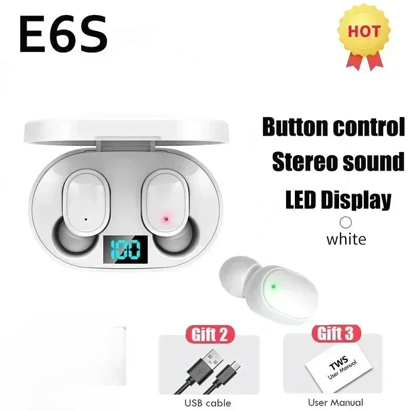 Auriculares Bluetooth E6S TWS Sem Fios – Bluetooth 5.0, Estojo de Carregamento, Microfone HD e Som Estéreo